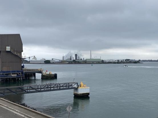 Looking across the water from Carrington to Kooragang. The building on the left (Carrington side) is part of port loading facilities for ships. On Kooragang, it's also an industrial landscape (coal loading and other facilities/businesses, with generating some white cloud. Sky and water are grey.