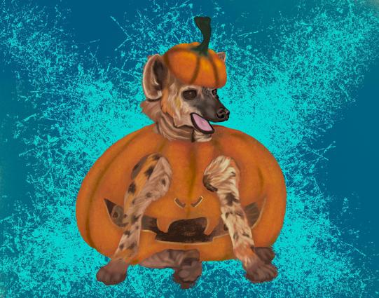 Digital drawing of a hyena comically sitting in a pumpkin costume