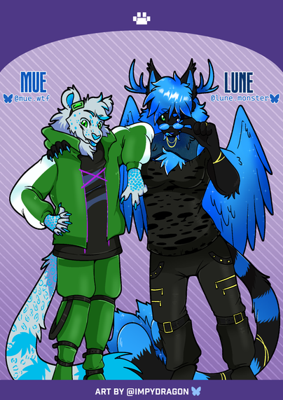 two anthros, a snow leopard and a feline monster pose together in very fashionable clothes.