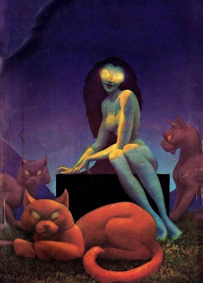 a naked woman is sitting on a small bench, and three large cats are nearby.  She has glowing yellow eyes which are casting light on her pale body.  The cats also have yellow eyes, and the woman and two of the cats seem to be looking right at the viewer.  all of this is under a dark purple night sky
