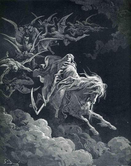 In the black and white style of a fine engraving is a man with wind-blown robes and a scythe riding a pale horse in the sky among the clouds.  He is closely followed by a retinue of winged, writhing demonic creatures, and they seem to be coming down through the clouds toward us.