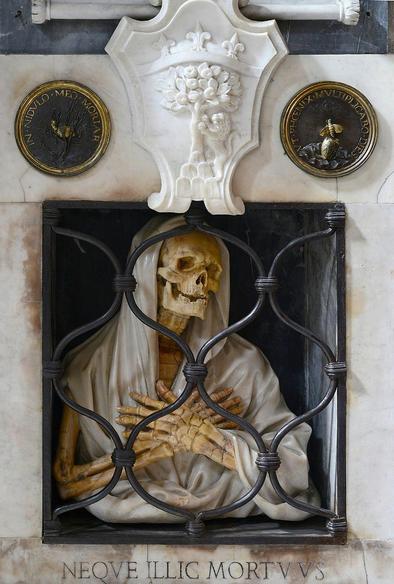 This memento mori sculpture adorns the Tomb of Gisleni, at the Parish Basilica of Santa Maria del Popolo in Rome. Today is All Souls' Day.