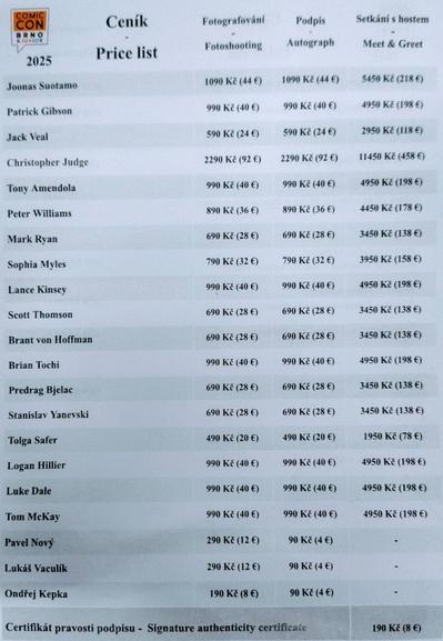 Ceník podpisů a fotografování na Comic Con Brno Junior. Třeba Tom McKey je za 990 korun, čeští herci po 90ti korunách.