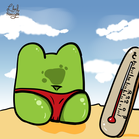 Froggelio de espaldas enseñando su tanga y orondo culito brillante al lado de un termometro que marca 30 cº sentado sobre la playa.

Froggelio showing their back with big cheeks and a tong over the beach, next to a termometer that marks 30cº.
