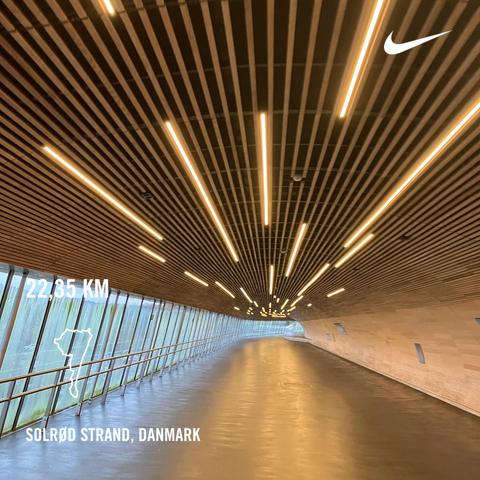 Køge Nord train station. A long tube a ceiling made of wood and lights.