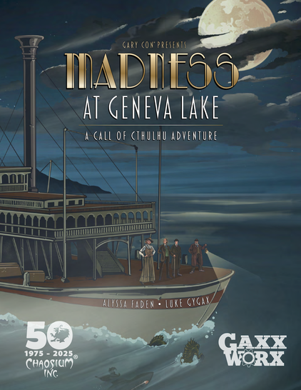 Front cover of Madness at Geneva Lake, an adventure by Luke Gygax to celebrate the 50th anniversary of Chaosium