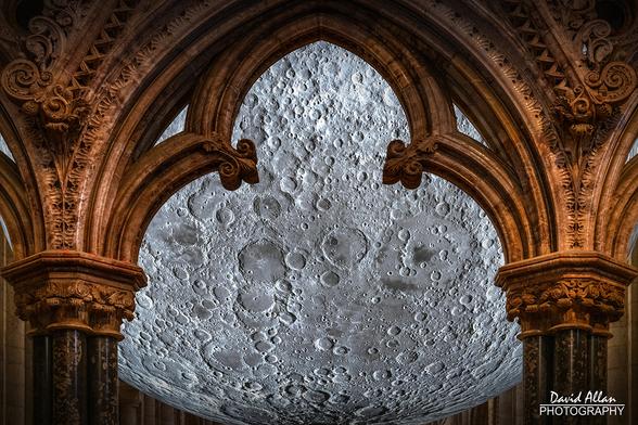 Amazing sight – a reimagining of our nearest celestial neighbour, seen as never before. Luke Jerram's lunar installation as viewed hanging in Durham Cathedral's crossing on the other side of the quire screen.