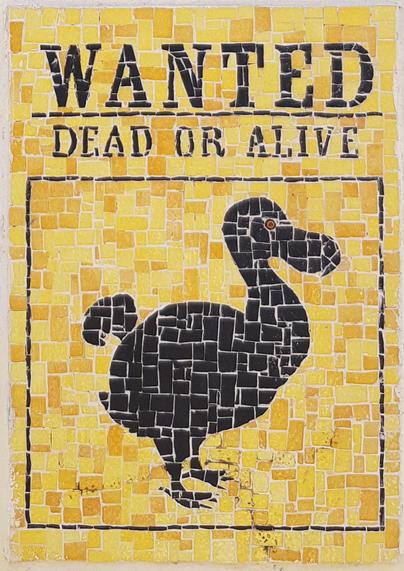 A black on yellow mosaic of a Wanted Dead or Alive poster featuring a dodo.