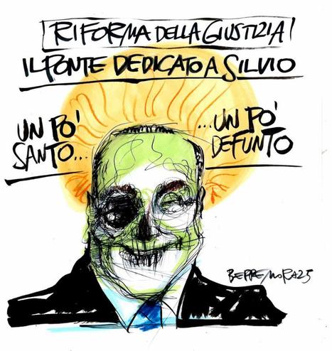 Nel disegno, le parole "un po' santo... un po' defunto" fanno da cornice ad un ritratto di Silvio Berlusconi con l'aureola e col volto per metà scheletrico.
