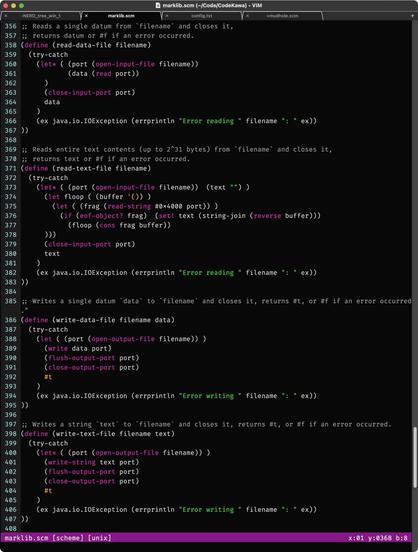 ;; Reads a single datum from `filename` and closes it,
;; returns datum or #f if an error occurred.
(define (read-data-file filename)
  (try-catch
    (let* ( (port (open-input-file filename))
            (data (read port))
      )
      (close-input-port port)
      data
    )
    (ex java.io.IOException (errprintln "Error reading " filename ": " ex))
))

(define (read-text-file filename)
  (try-catch
    (let* ( (port (open-input-file filename))  (text "") )
      (let floop ( (buffer '()) )
        (let ( (frag (read-string #0x4000 port)) )
          (if (eof-object? frag)  (set! text (string-join (reverse buffer)))
            (floop (cons frag buffer))
      )))
      (close-input-port port)
      text
    )
    (ex java.io.IOException (errprintln "Error reading " filename ": " ex))
))

(define (write-data-file filename data)
  (try-catch
    (let ( (port (open-output-file filename)) )
      (write data port)
      (flush-output-port port)
      (close-output-port port)
      #t
    )
    (ex java.io.IOException (errprintln "Error writing " filename ": " ex))
))

(define (write-text-file filename text)
  (try-catch
    (let* ( (port (open-output-file filename)) )
      (write-string text port)
      (flush-output-port port)
      (close-output-port port)
      #t
    )
    (ex java.io.IOException (errprintln "Error writing " filename ": " ex))
))