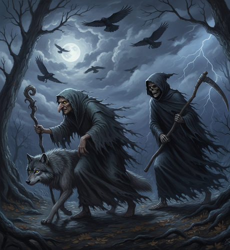 It is midnight. An old hag, and Death walk through a wood the hag is accompanied by a grey wolf, there are ravens overhead, and the trees are leafless.
Grey clouds scud through a stormy sky, lightning zig-zags towards the ground.