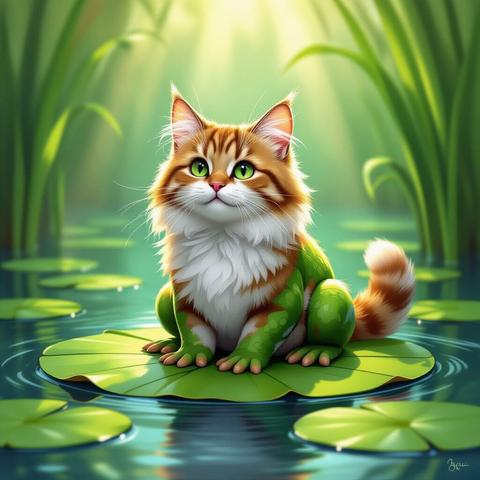 A cat with frog legs sitting on a lily pad