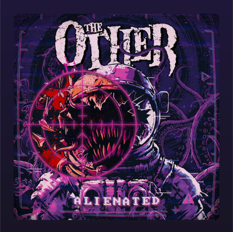 A menacing, retro-sci-fi astronaut helmet glows in purplish and pink tones, with a monstrous, sharp-toothed creature reflected in the visor. The band name ‘THE OTHER’ appears at the top in distressed gothic lettering, and the album title ‘ALIENATED’ is set below in bold white letters, evoking a feeling of otherworldly isolation and horror.