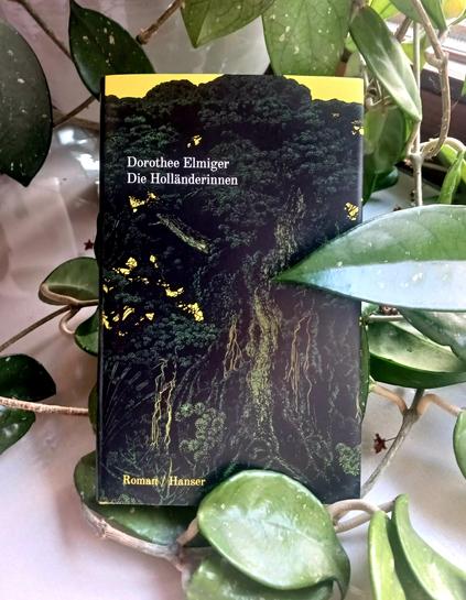 Foto des Buches, dessen Cover ein dunkelgrüner stilisierter Urwald fast das zu Gänze bedeckt, nur oben und durch einige Lücken in den Pflanzen leuchtet helles monochromes Gelb. Das Buch steht in den Ranken einer Porzellanblume in einem weißen Übertopf.