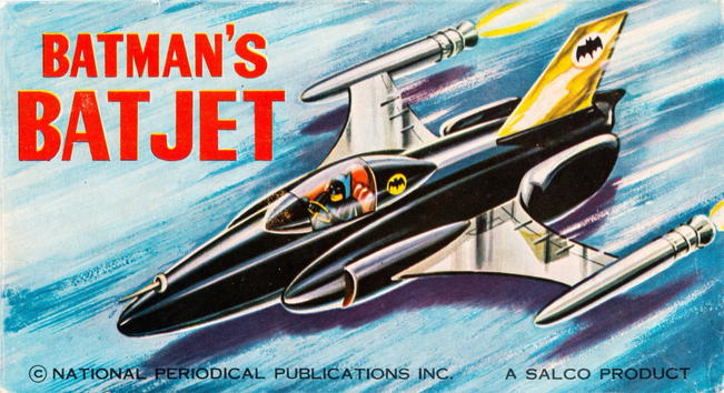 The illustration is of the jet flying very fast from the upper right hand corner to the lower left-hand corner. Inside this twin engine jet fighter, Batman sits alone. The interior seems to be red. The exterior is black. The tail is yellow with the bat logo on it. At the end of each wing tip seems to be the Jet propulsion. Off to the left upper corner says Batman’s bat jet.