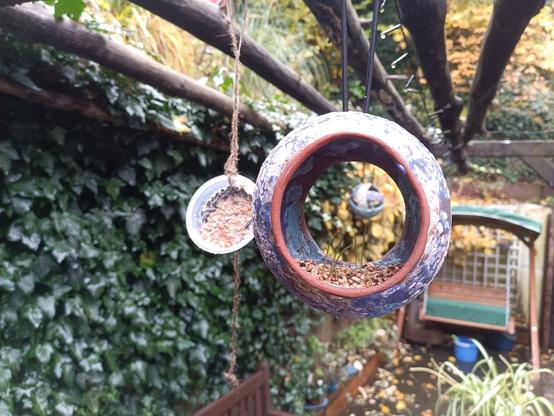 Selbst gemachtes, kugelförmiges Vogelfutterhäuschen aus Keramik hängt an einer Schnur im Garten. Im Inneren liegen Körner und kleine Pflanzentriebe. Im Hintergrund sind weitere Futterstellen, grüne Efeuwände und herbstlich gefärbte Blätter zu sehen.