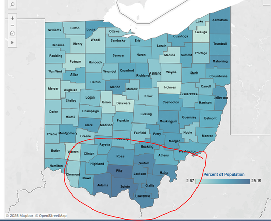 county map of Ohio showing the southern counties use more snap than other counties.