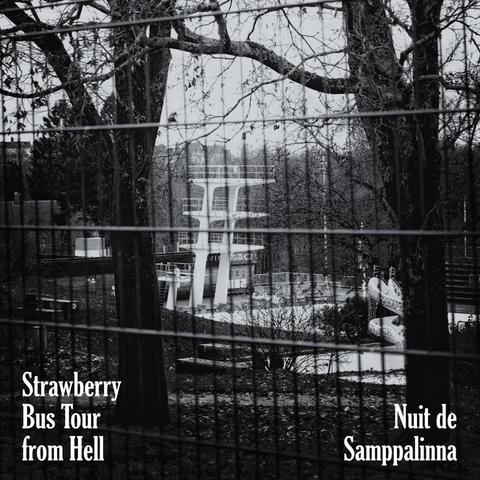 Same shot as in the previous post, but cropped to the 1:1 aspect ratio and heavily processed to be a single's cover art. This version is black and white. At the bottom of the picture, it reads: "Strawberry Bus Tour from Hell – Nuit de Samppalinna"