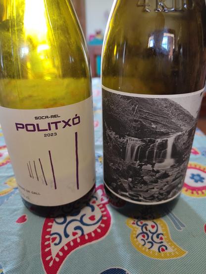 Dues botelles buides sobre una taula. Una 4kilos 2022 i una Soca-Rel Politxó Esperó de gall 2023.