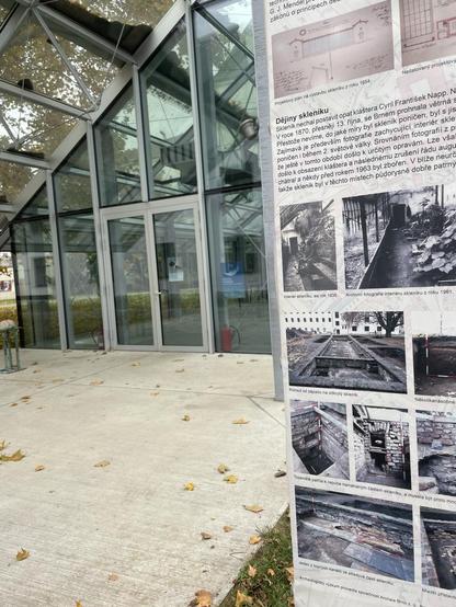 The reconstructed greenhouse plus images of the archaeological dig showing remnants of the original