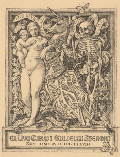 etching: ex libris with a mother and child, a unicorn and a skeleton