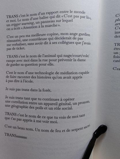 TRANS c'est le nom d’un rapport entre le monde et moi. Le nom d’une balise qui dit "C’est pas par là", un trigger warning, un panneau sur lequel on a écrit "Attention à la marche".

C’est un peu ma meilleure copine, mon ange gardien rémunéré, une contrôleuse qui déciderait de pas me verbaliser sans dire à ses collègues que j’avais pas de ticket.

TRANS c’est le nom de l’animal qui nage/court/vole/rampe avec moi dans la rue pour prévenir la dame de garder sa question pour elle.

C’est le nom d’une technologie de médiation capable de faire raconter des histoires qu’on avait apprises à pas dire à l’école.

Je suis pas trans dans la forêt.

Je suis trans tant que tu continues à opérer une corrélation entre un appareil génital, un pronom, une géographie des poils et un rôle social.

TRANS c’est le nom de ce que tu vois de moi tant que t’as pas appris à me voir moi.

C’est un beau nom. Un nom de feu et de serpent sacré.

TRANSsssss