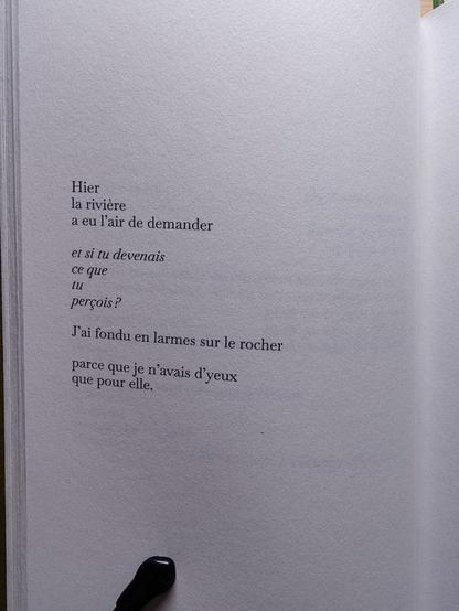 Hier
la rivière
a eu l'air de demander

et si tu devenais
ce que
tu
perçois?

J'ai fondu en larmes sur le rocher

parce que je n'avais d'yeux
que pour elle.