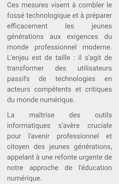 Ces mesures visent à combler le fossé technologique et à préparer efficacement les jeunes générations aux exigences du monde professionnel moderne. L'enjeu est de taille : il s'agit de transformer des utilisateurs passifs de technologies en acteurs compétents et critiques du monde numérique.

La maîtrise des outils informatiques s'avère cruciale pour l'avenir professionnel et citoyen des jeunes générations, appelant à une refonte urgente de notre approche de l'éducation numérique.
