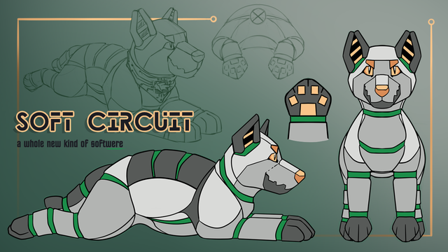 Placeholder project banner featuring design sketches of a robot wolf pup plushie, Byte! The inked and colored drawings feature a laying down side view, held up front view, and a close-up of geometric paw beans. Sketches further back show the plush at an angle wearing a bandana with one of the Short Circuit pins attached, and the floppy robo paws from behind. Text on the banner reads, "Soft Circuit", "a whole new kind of softwere".