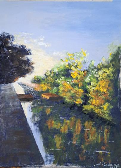 Painting of a canal with trees in autumnal colors.