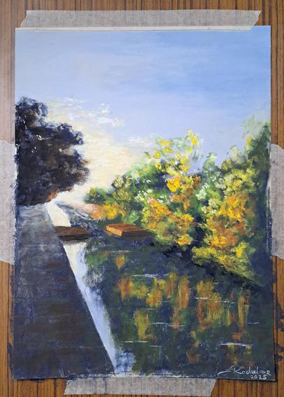 Painting of a canal with trees in autumnal colors.