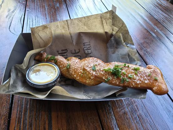 Picture of garlic bread in shape of a stake.