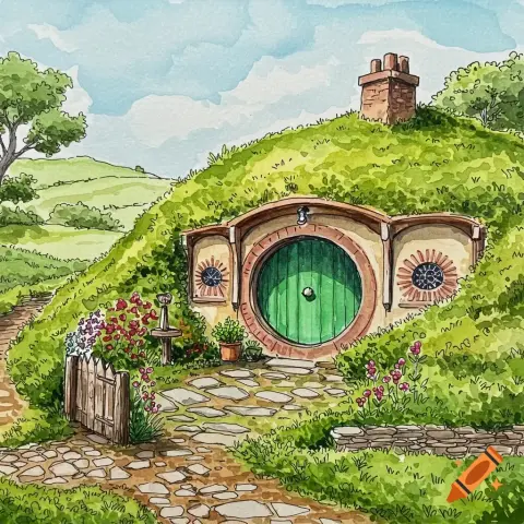A front view of a Hobbit hole. A nice day possibly late May.