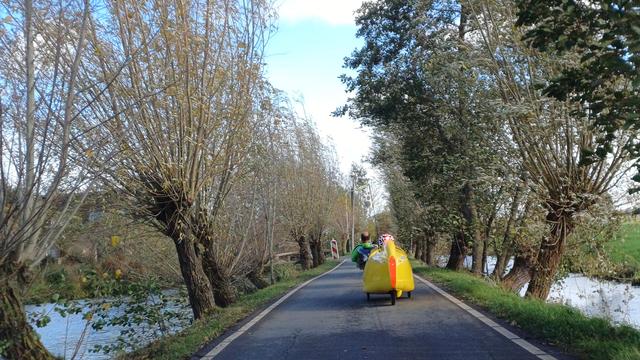 weggetje met links en rechts wilgen, aan beide zijden een sloot. voor mij rijden een gele Quest XS  een een baron met zwarte tailbag.