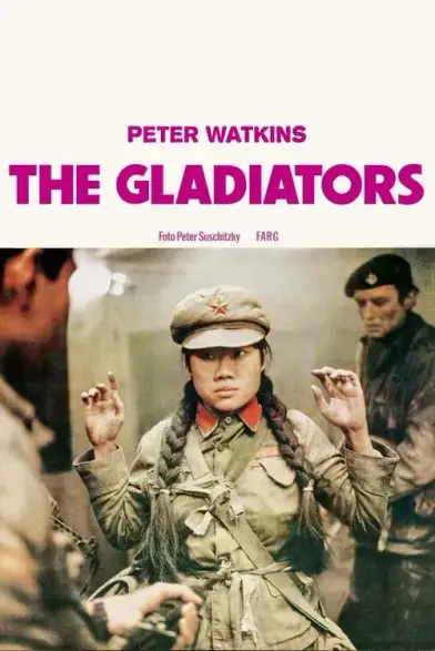 Poster for the film 'The Gladiators' (1969)

A young woman in communist Chinese army uniform has her hands up, as male soldiers in front and behind her point their rifles at her.