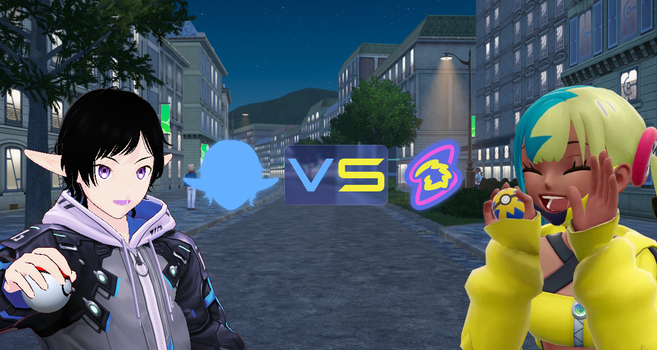 Digitally rendered city street at night with two characters facing off. On the left is macoud12’s avatar: pale-skinned with black hair, elf-like ears, and a dark hoodie. He's holding a Poké Ball. On the right is Canari, leader of DYN4MO: dark-skinned with bright yellow and blue hair, laughing in a yellow outfit and holding a Quick Ball. Between them is a “VS” graphic with two logos. The left logo resembles macoud12’s avatar head. The right logo is the DYN4MO emblem, featuring a jagged yellow burst nested inside a blue shape with a pink outline, forming a dynamic, asymmetrical star.