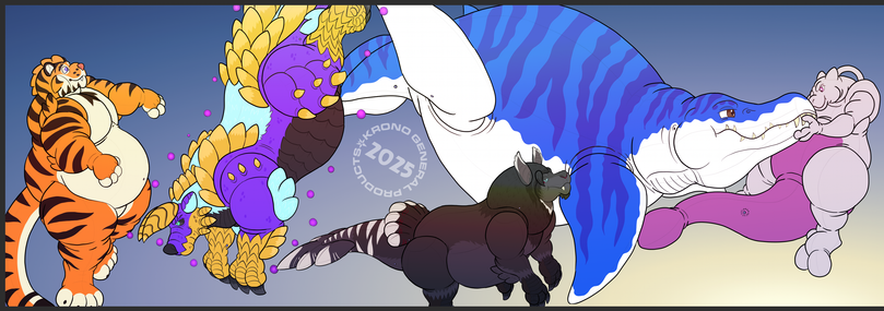 A drawing of (well-inflated) giant creature balloons, including an anthropomorphic tiger, purple Zinogre, daggerclaw, pliosaur, and Mewtwo.