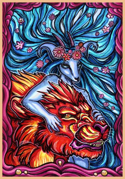 watercolor painting of an anthropomorphic antelope putting her hands on the head of a giant lion, a motif from the raider waite tarot card "strength". the antelope has flowers in her hair and the colors are exaggerated.