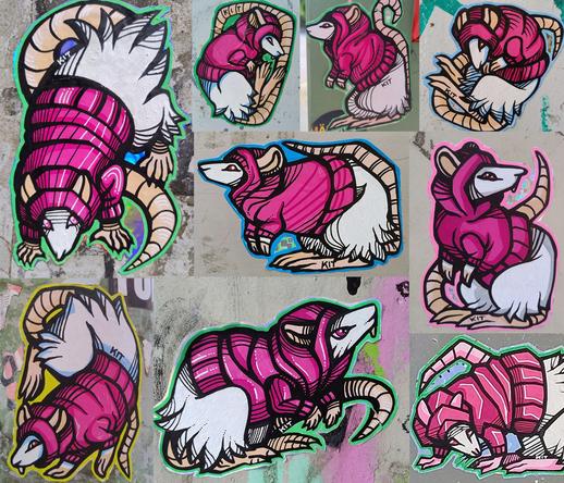 a photo collage of several drawings of rats stuck on various dirty surfaces in the city. they have white fur, red eyes and wear pink hoodies. because they are hood rats.