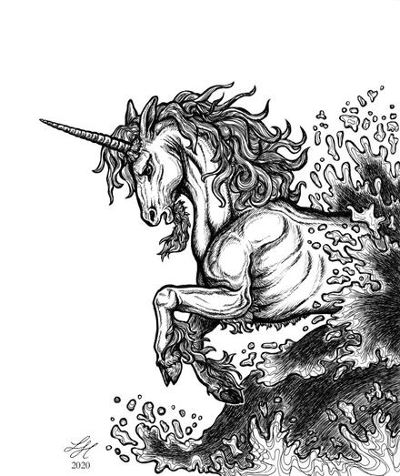 black ink drawing of a unicorn emerging from a wave