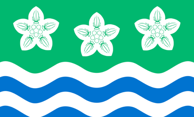 The Cumberland flag. The colour scheme is green, white and blue. There are 3 white flowers in the green top half, with blue and white wavy lines underneath.