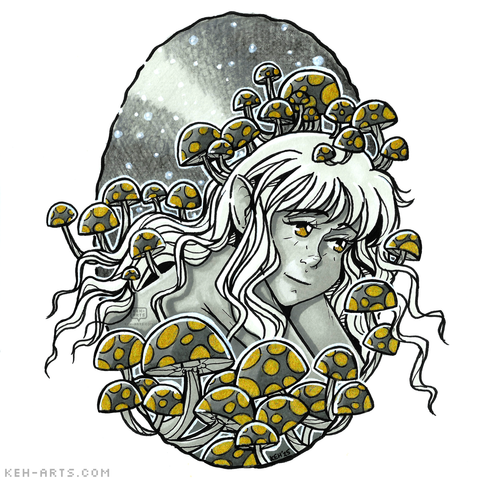 In a handdrawn oval frame, a greyscale drawing of a manga style girl with long white hair and golden eyes stretching down surrounded by dark grey mushrooms with gold spots. Some appear to be growing out of her body and hair. The background is shaded in black pencil crayon, becoming softer so that there is a shaft of light.