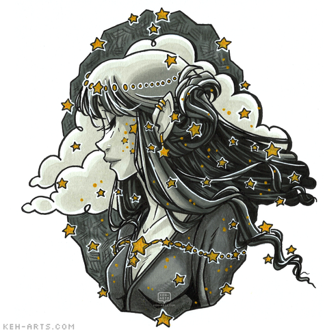 A dreamy greyscale drawing in a jagged oval frame of a manga style girl in profile facing left with her eyes closed. She has long flowing grey-black hair in an elaborate style. The background behind her is dark grey with black pencil crayon cross hatching. a large cloud behind her breaks out of the frame on both sides. She is surrounded by many gold stars.