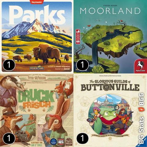 1: Parks (Second Edition);
1: Moorland;
1: Druckfrisch;
1: Die glorreichen Gilden von Buttonville.