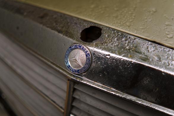 Detail shot of the hood of an old Mercedes car; the iconic star is missing