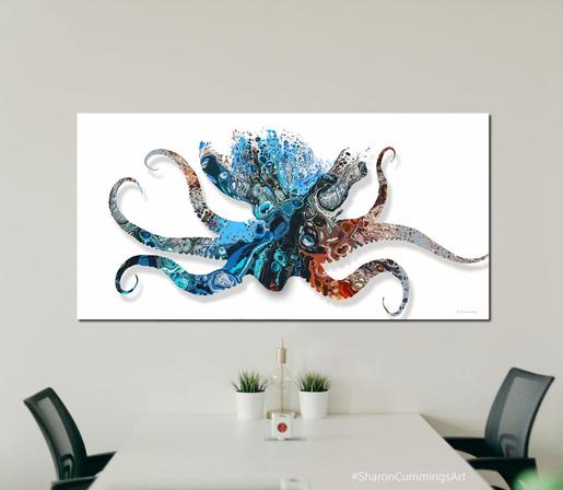 Blue and red octopus on white in a furniture setting by artist Sharon Cummings.