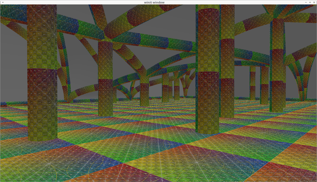3D rendering of a room with UV debug texture. The ceiling surfaces are still gray.