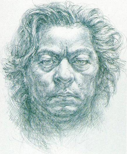 A self-portrait of a stern-faced man with wild hair. Monochromatic sketch in green.