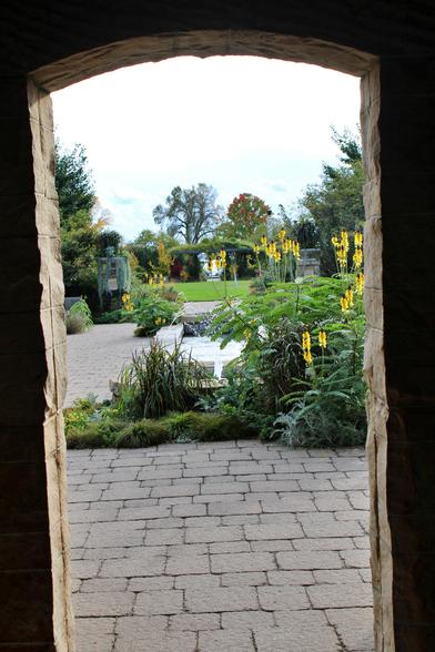 A view from a sandstone arched doorway of the Rose Tower of the local botanical gardens looking onto a paver patio with a flowerbed that includes to tall yellow and brown blooms in front on a long narrow fountain feature. A large green grassy mowed lawn is in the distance in front of a pergola covered walkway where some autumn colored leaves have turned red among some green leaves. Further in the distance are tall trees with some red leaves mixed in as well. The sky is gray and overcast.