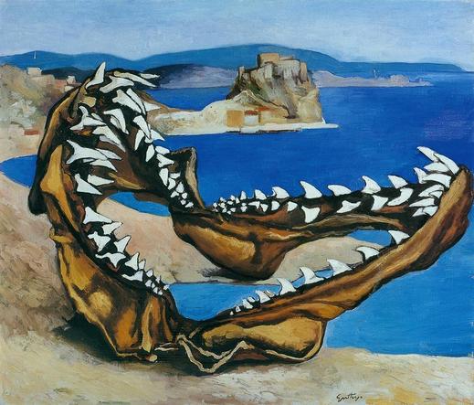 this is an image of a brown sand and rock shoreline receding to the horizon, with bays or inlets and a rocky point in the middle distance.  A small town sits on the point looking over deep blue water.  There is a line of hills or mountains on the horizon under a light blue sky.  In the foreground and, by the scale of the town, huge, are a set of jaws from a shark, just the open jaws and teeth, facing up, ready to bite the sky.  The town in the distance seems like it could fit in the open jaws with room to spare.